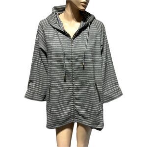 For Cynthia Jacket Women XL Linen Cotton Hooded Striped Full Zip Boho Lagenlook
